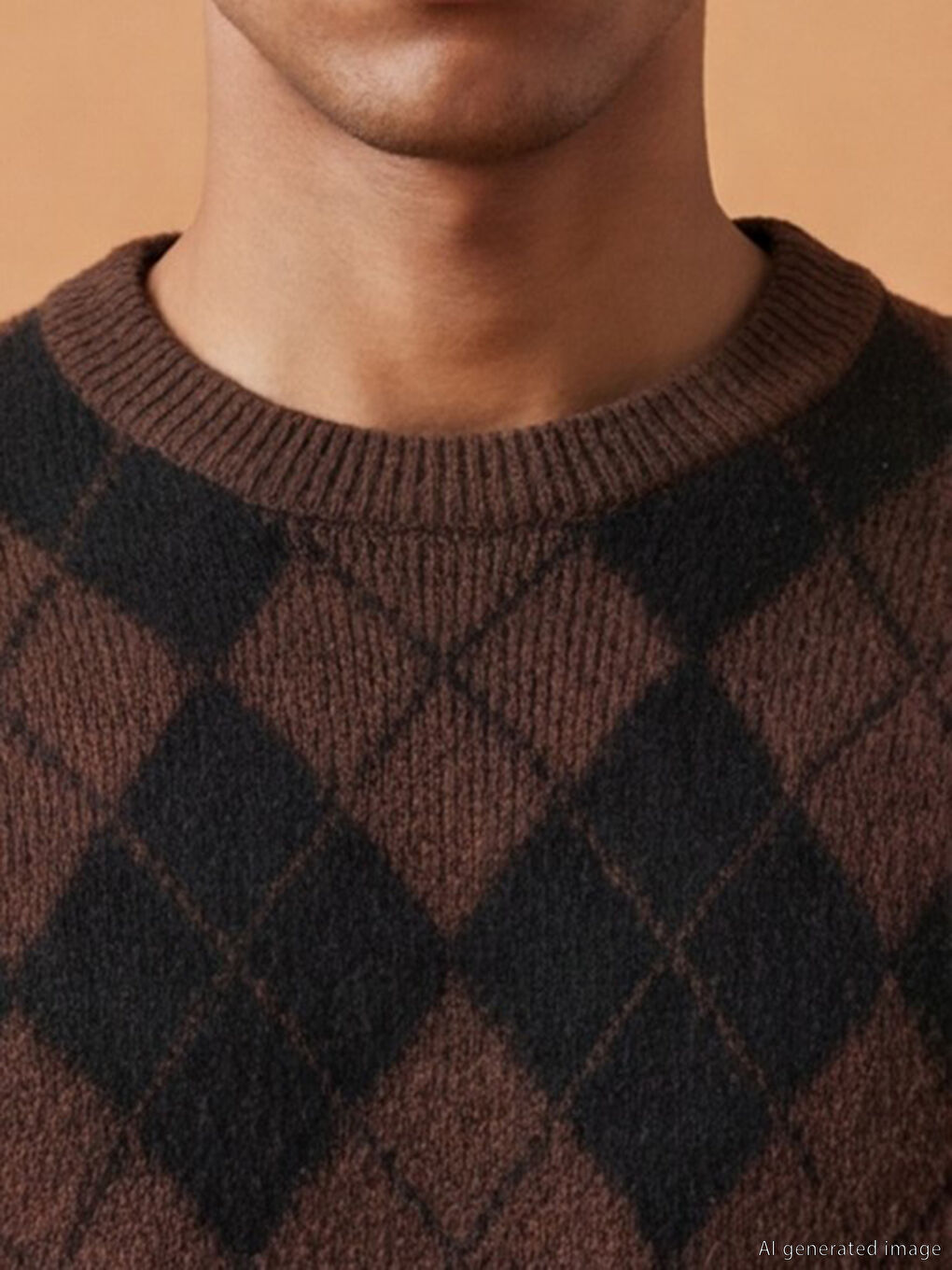 Kahverengi Bisiklet Yaka Baklava Desenli Erkek Triko Kazak-2