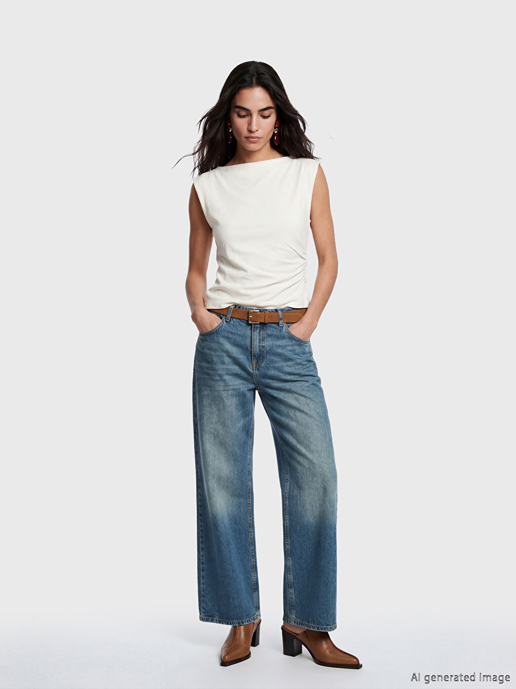 İndigo Beli Kemerli Wideleg Kadın Jean Pantolon