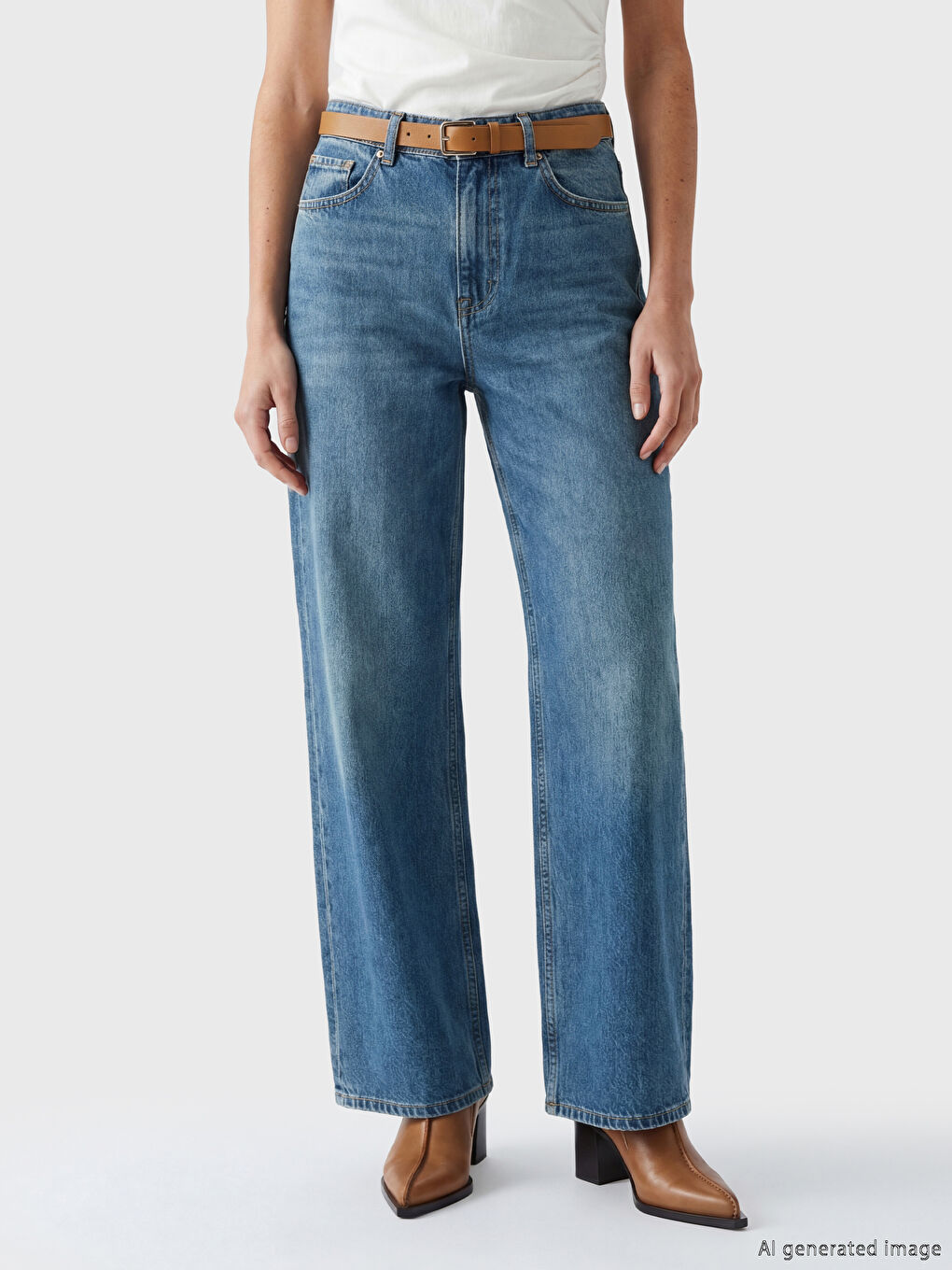 İndigo Beli Kemerli Wideleg Kadın Jean Pantolon-1