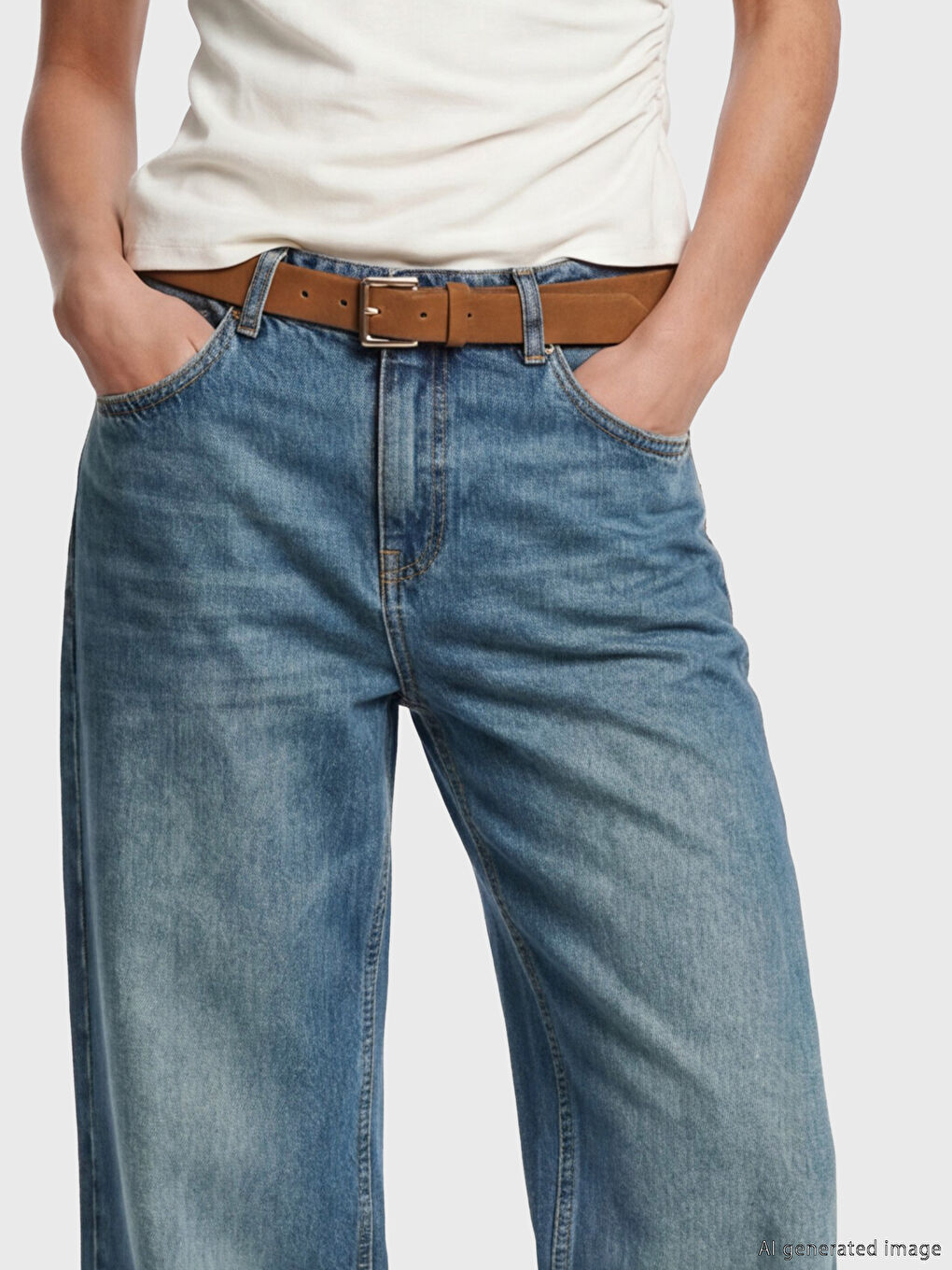 İndigo Beli Kemerli Wideleg Kadın Jean Pantolon-2