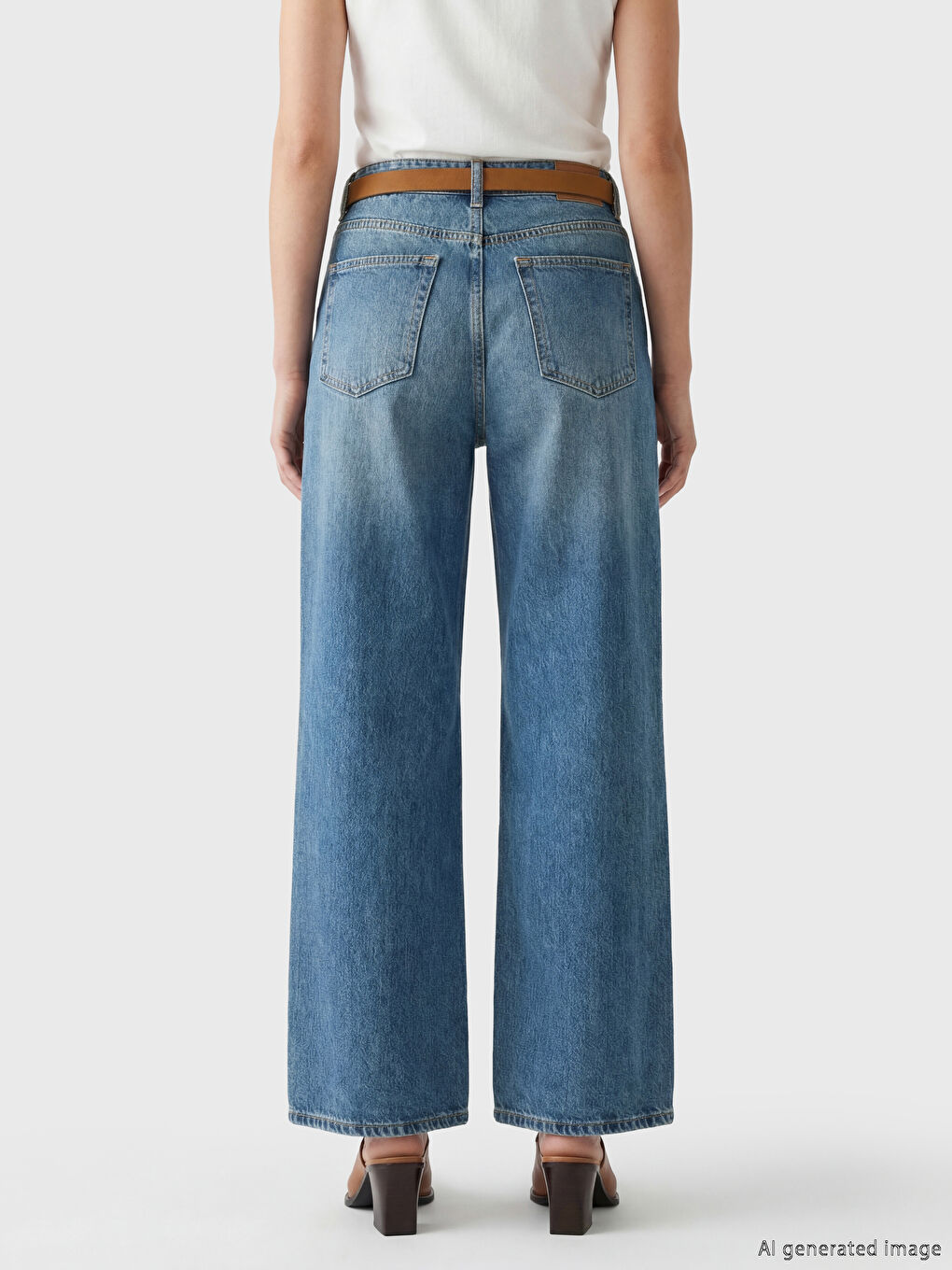 İndigo Beli Kemerli Wideleg Kadın Jean Pantolon-3