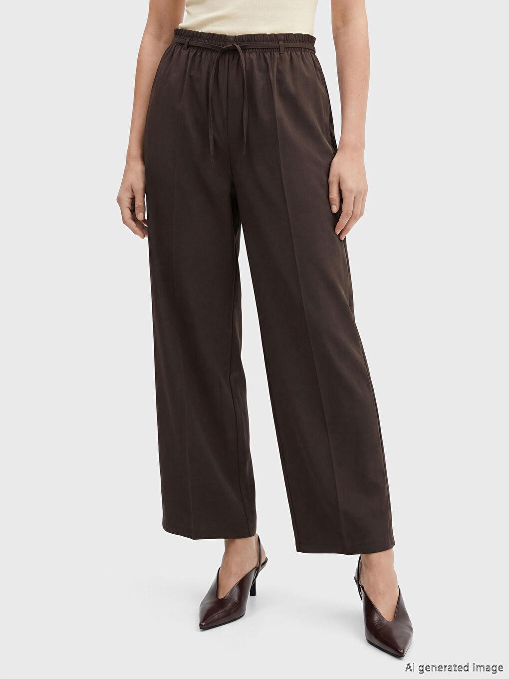 Kahverengi Beli Lastikli Geniş Paça Kadın Pantolon-1