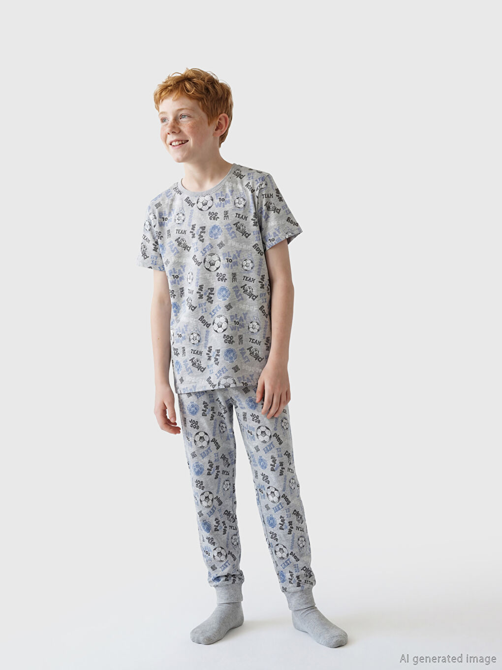 Gri Bisiklet Yaka Baskılı Erkek Çocuk Pijama Takım