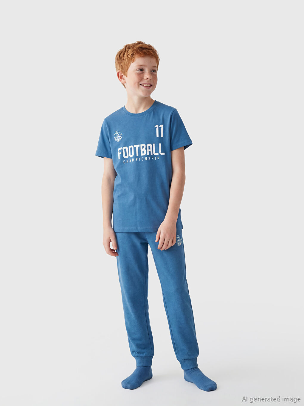 Mavi Bisiklet Yaka Baskılı Erkek Çocuk Pijama Takım