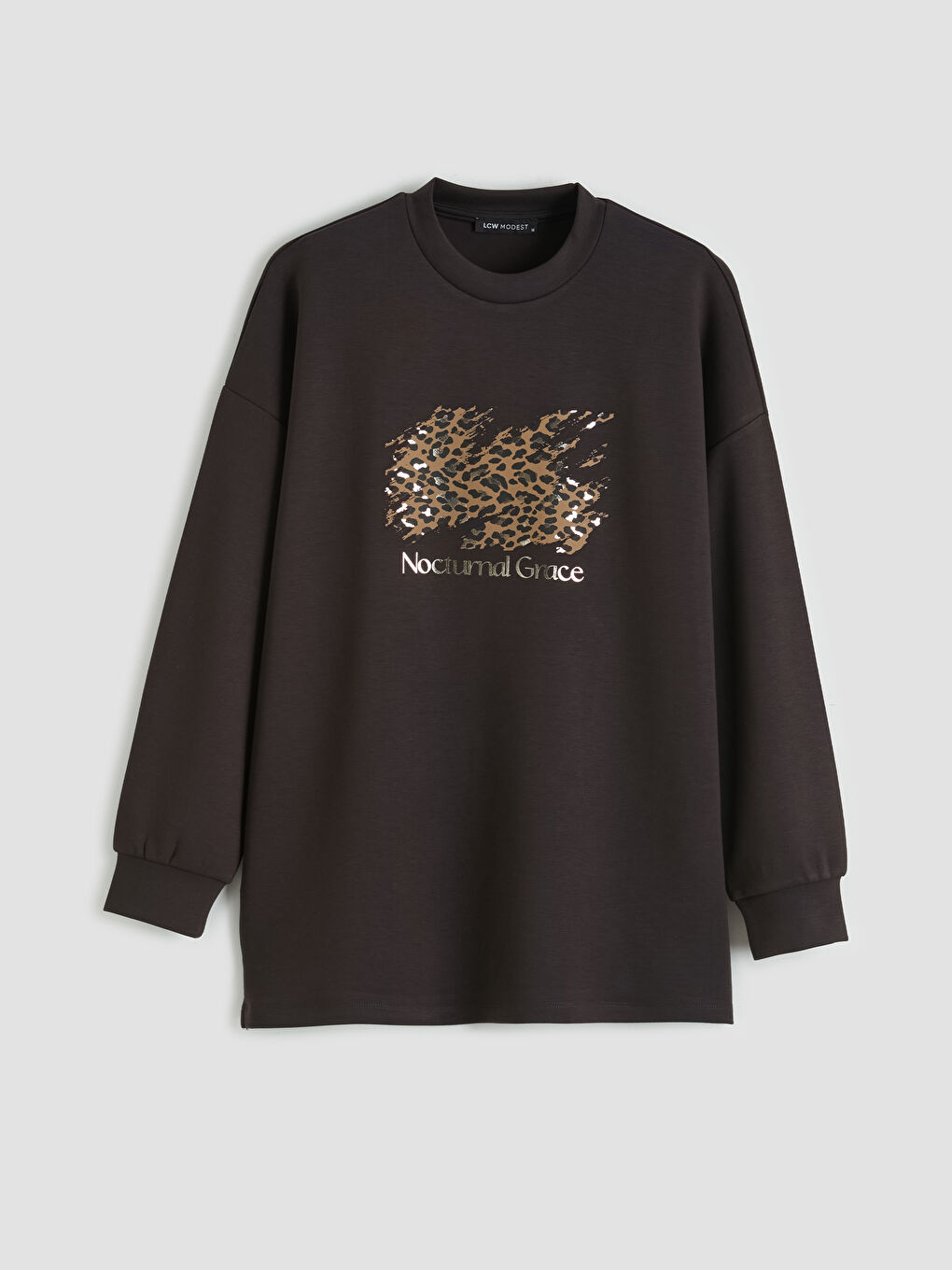 Kahverengi Bisiklet Yaka Desenli Kadın Sweatshirt Tunik-4