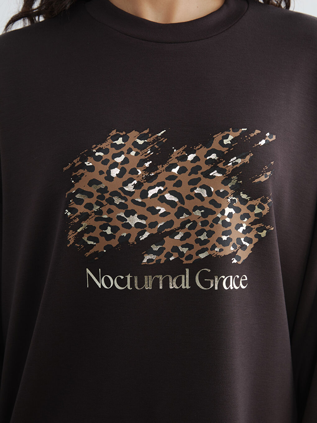 Kahverengi Bisiklet Yaka Desenli Kadın Sweatshirt Tunik-2