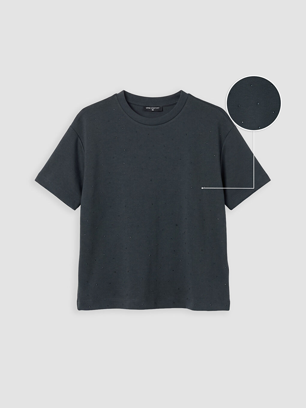 Antrasit Bisiklet Yaka Taşlı Kadın Tişört