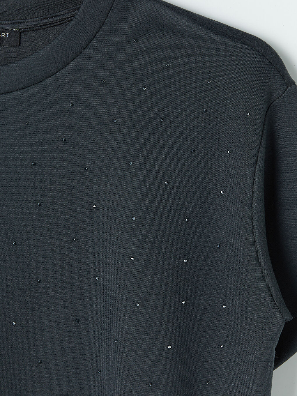 Antrasit Bisiklet Yaka Taşlı Kadın Tişört-2