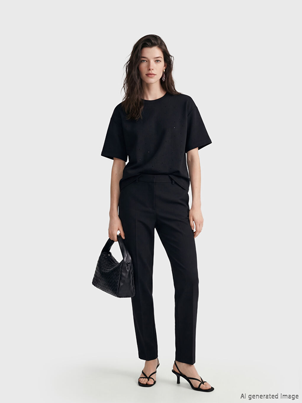 Siyah Bisiklet Yaka Taşlı Kadın Tişört-1