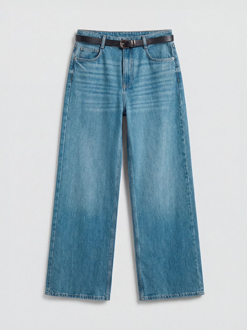 İndigo Beli Kemerli Wideleg Kadın Jean Pantolon