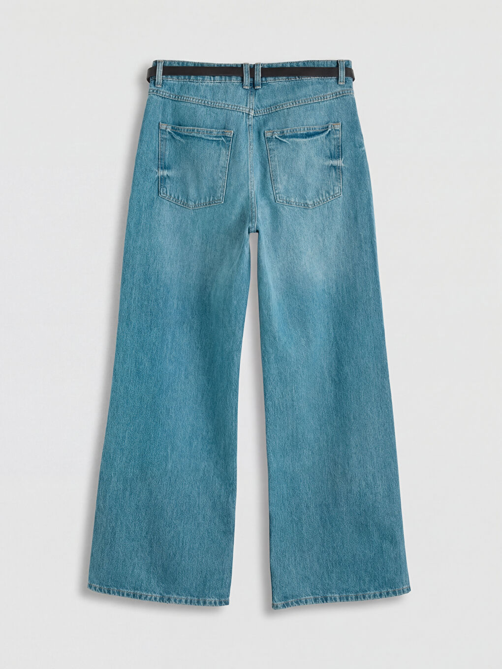 İndigo Beli Kemerli Wideleg Kadın Jean Pantolon-1