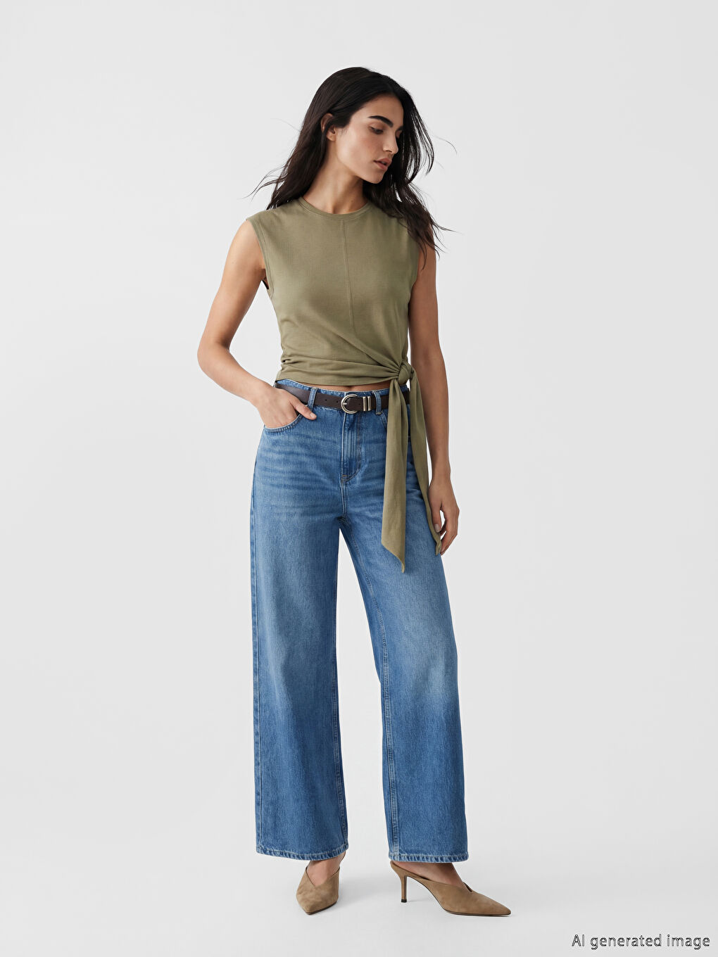 İndigo Beli Kemerli Wideleg Kadın Jean Pantolon
