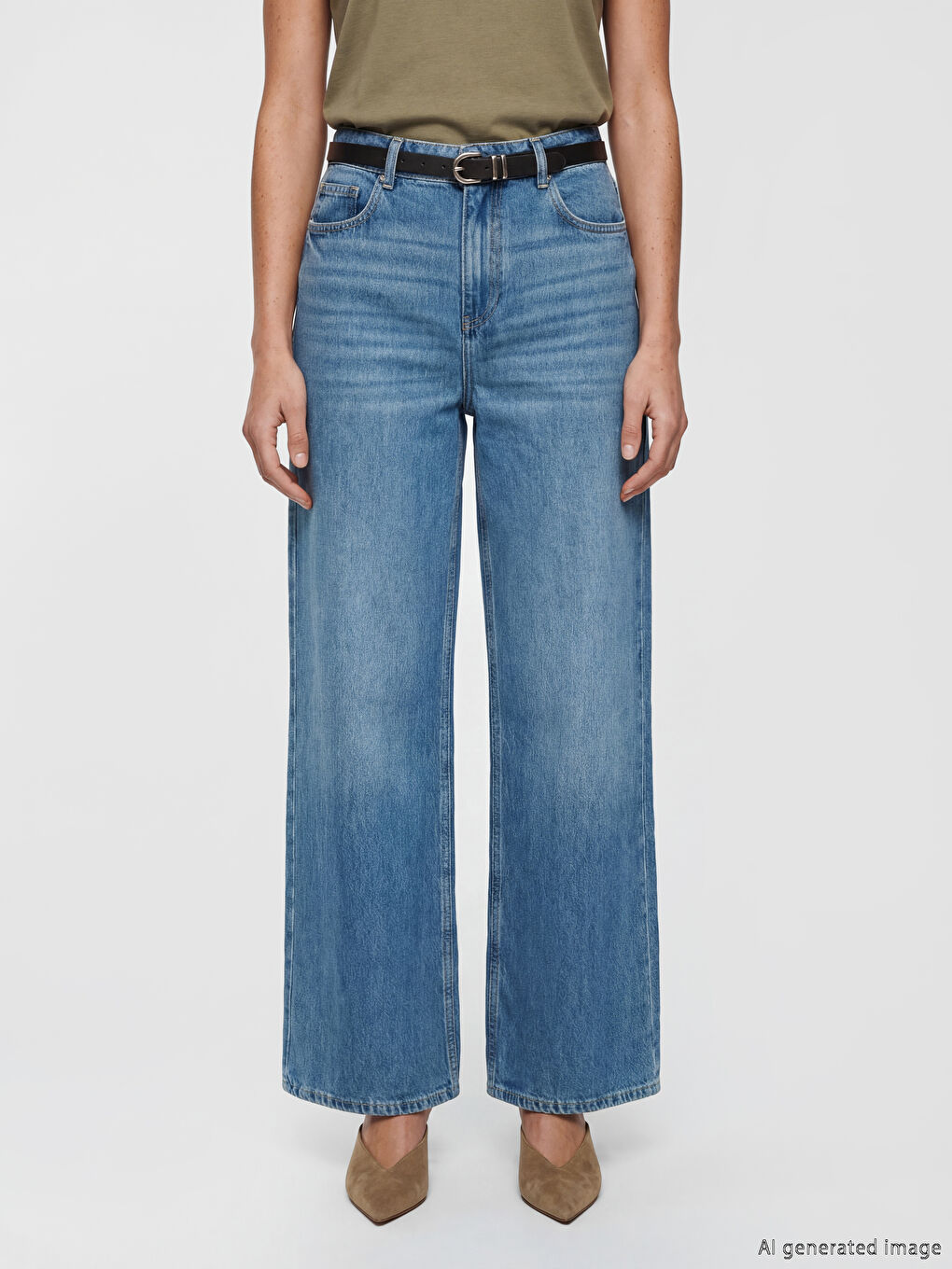 İndigo Beli Kemerli Wideleg Kadın Jean Pantolon-1