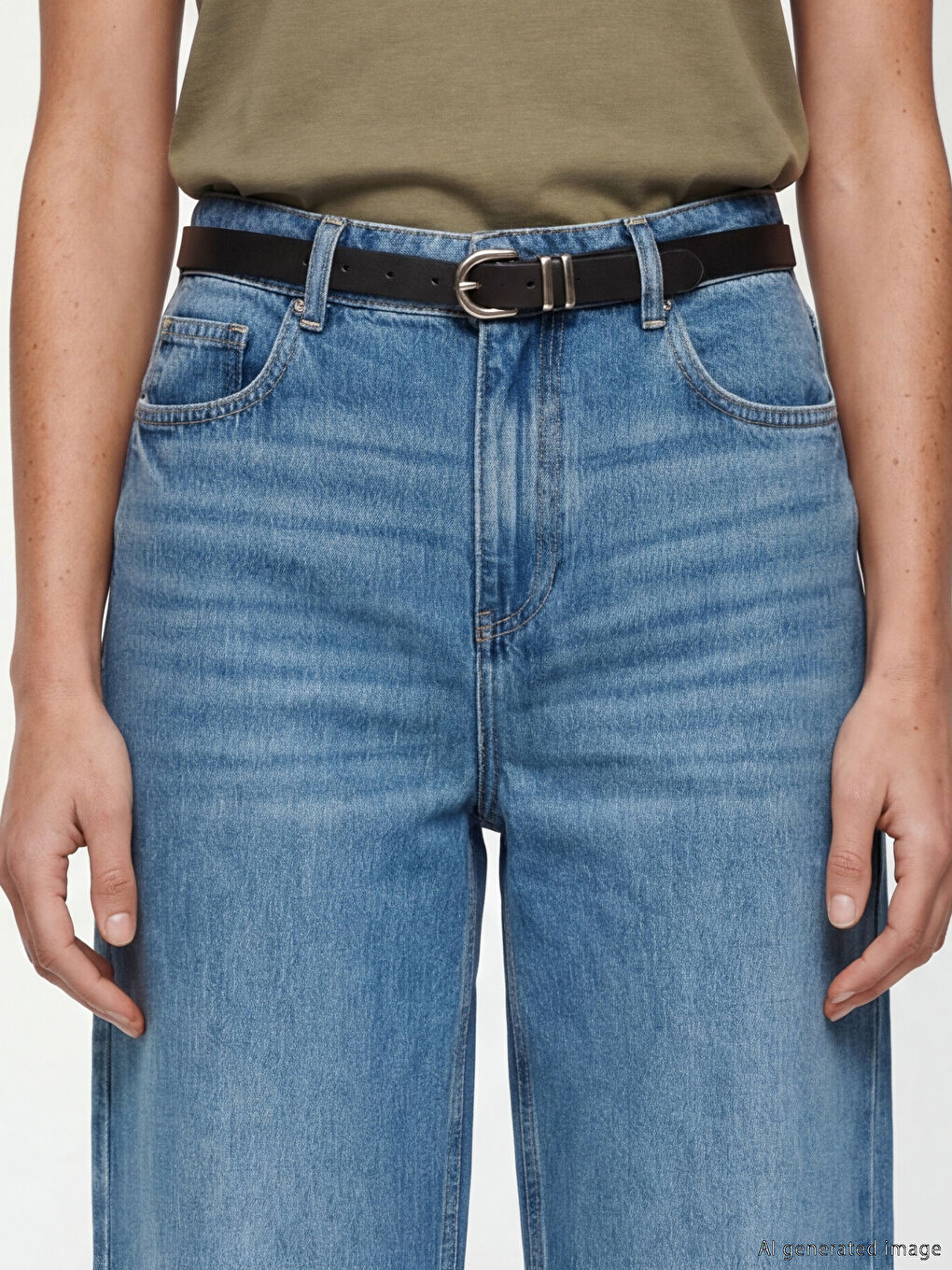 İndigo Beli Kemerli Wideleg Kadın Jean Pantolon-2