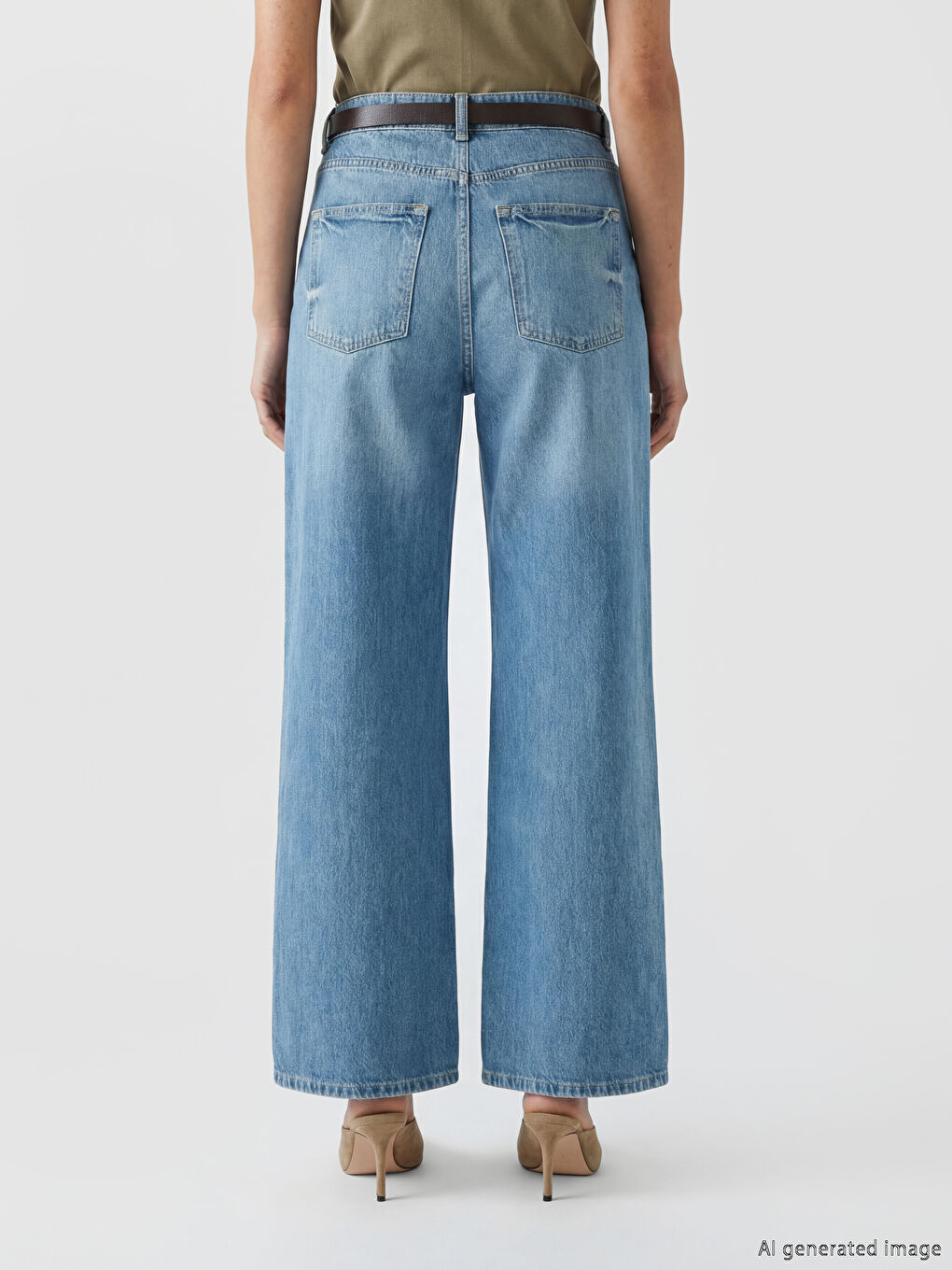 İndigo Beli Kemerli Wideleg Kadın Jean Pantolon-3