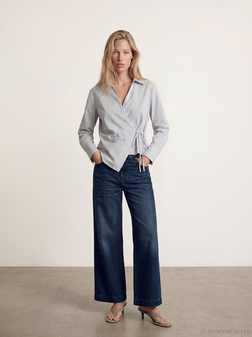 Gri Kruvaze Yaka Çizgili Kadın Gömlek-1