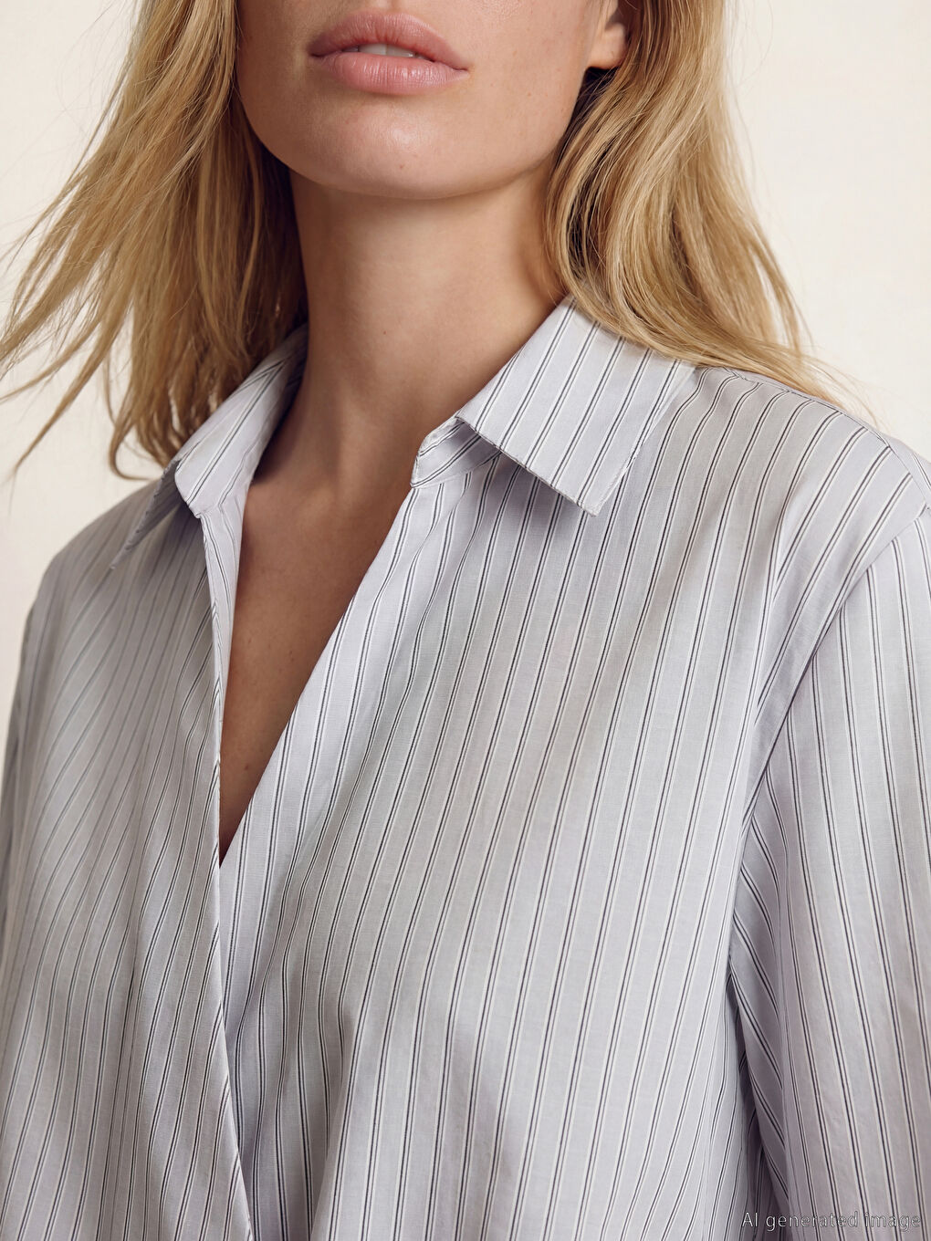 Gri Kruvaze Yaka Çizgili Kadın Gömlek-3