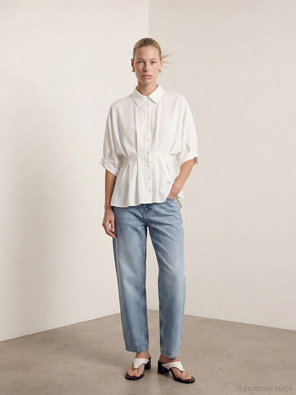 Beyaz Kadın Pileli Gömlek-1