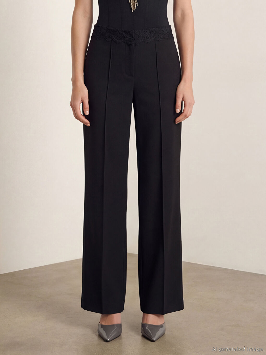 Siyah Standart Fit Dantel Detaylı Kadın Pantolon-1