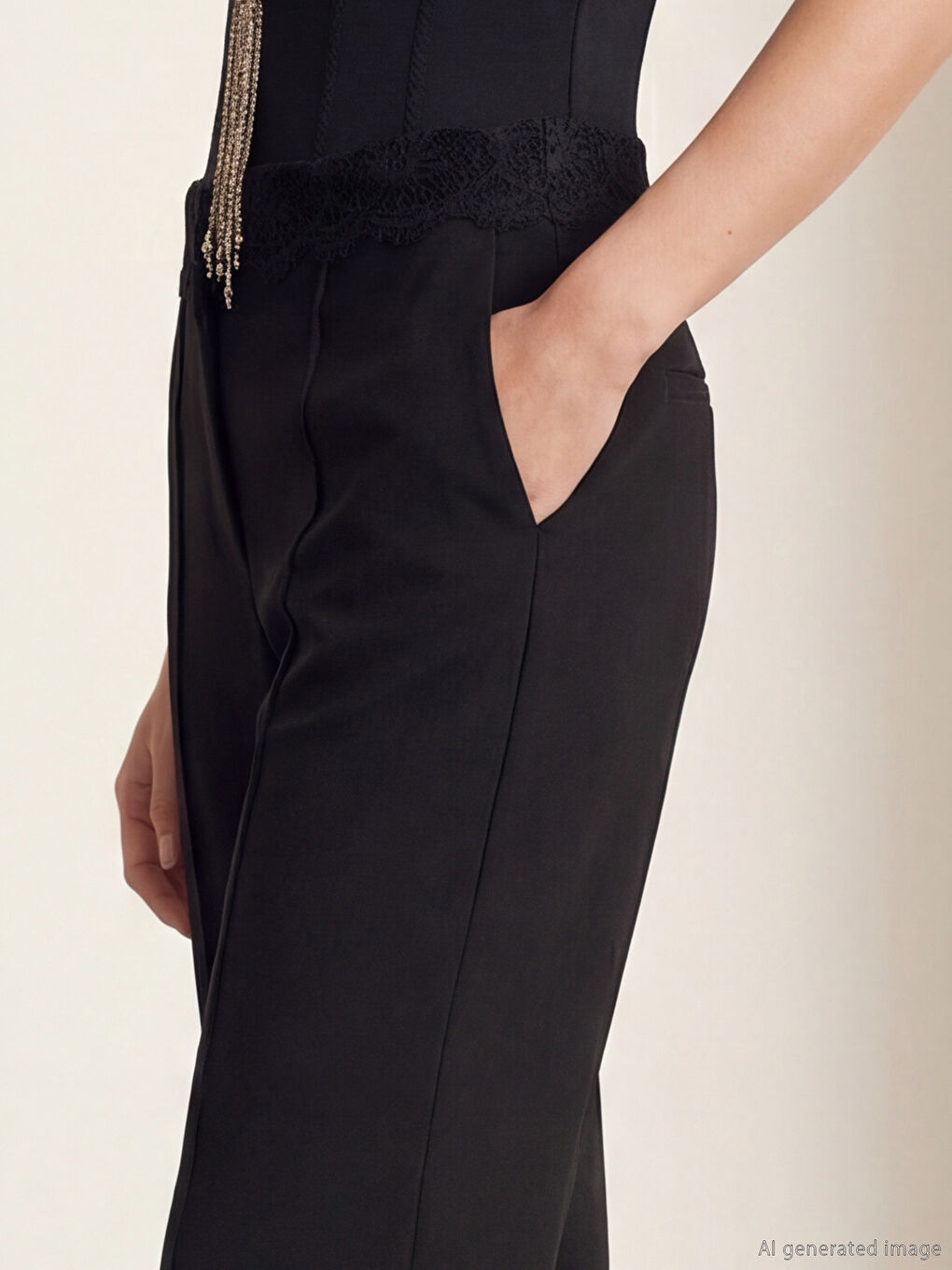 Siyah Standart Fit Dantel Detaylı Kadın Pantolon-2