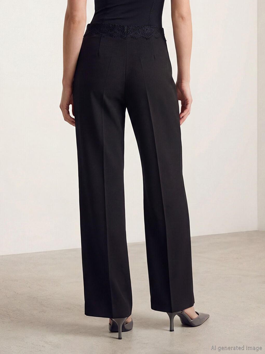 Siyah Standart Fit Dantel Detaylı Kadın Pantolon-3