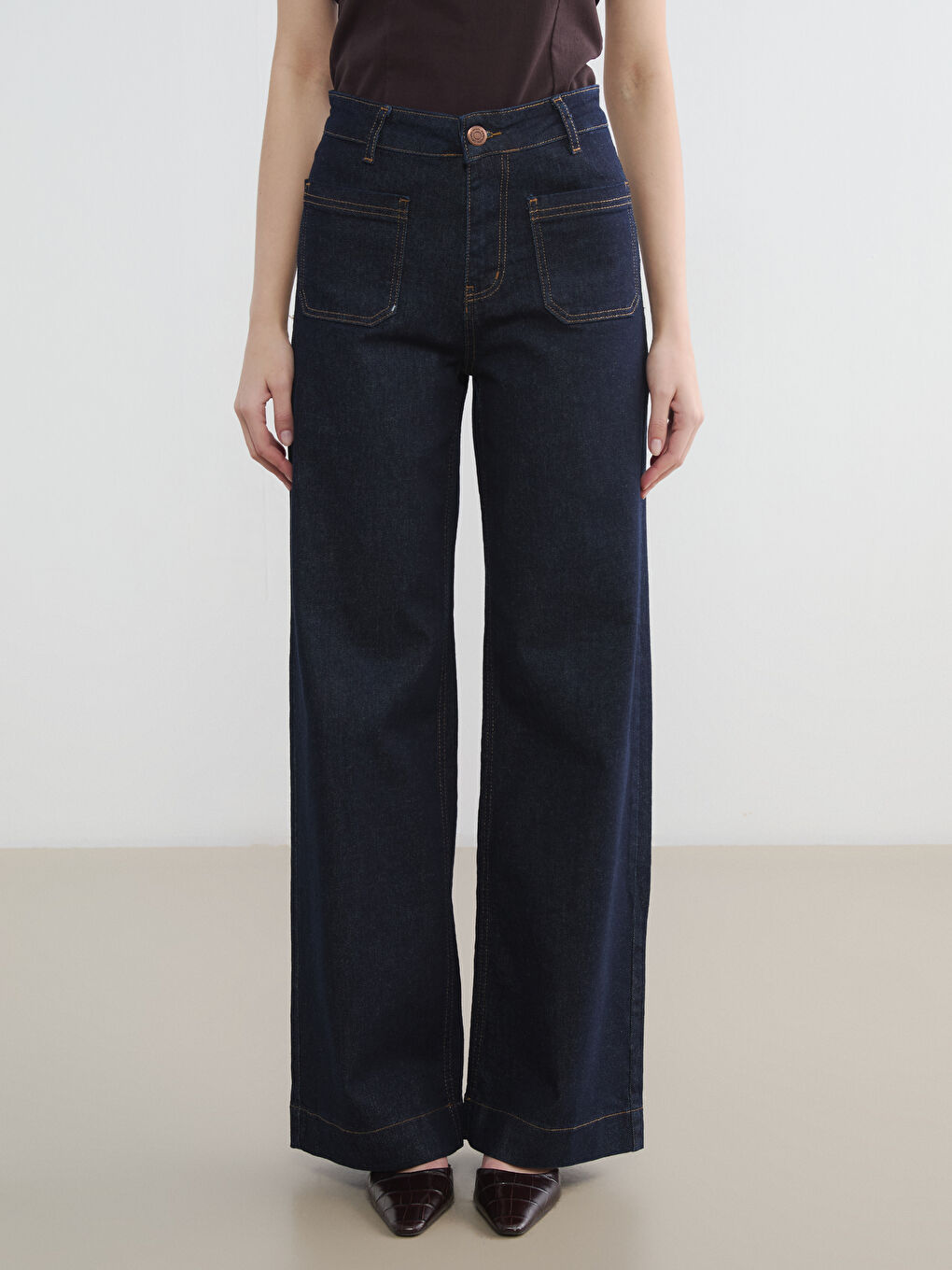 İndigo Yüksek Bel Wideleg Kadın Jean Pantolon-1