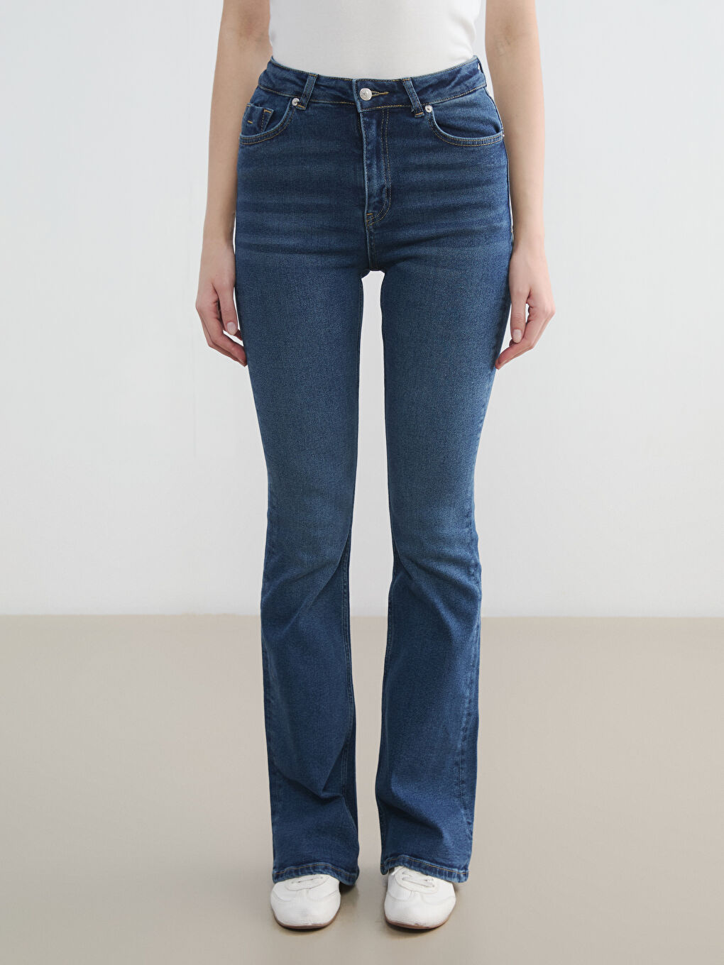 İndigo Yüksek Bel Flare Kadın Jean Pantolon-1