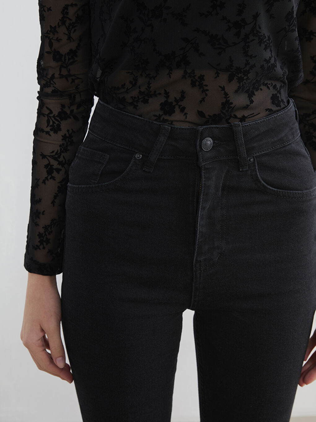 Siyah Yüksek Bel Flare Kadın Jean Pantolon-2