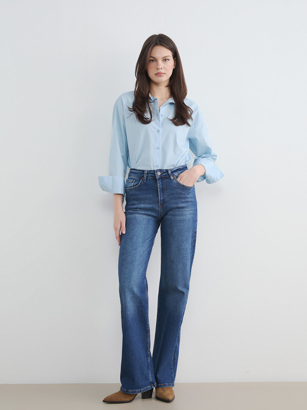 İndigo Yüksek Bel Wideleg Kadın Jean Pantolon