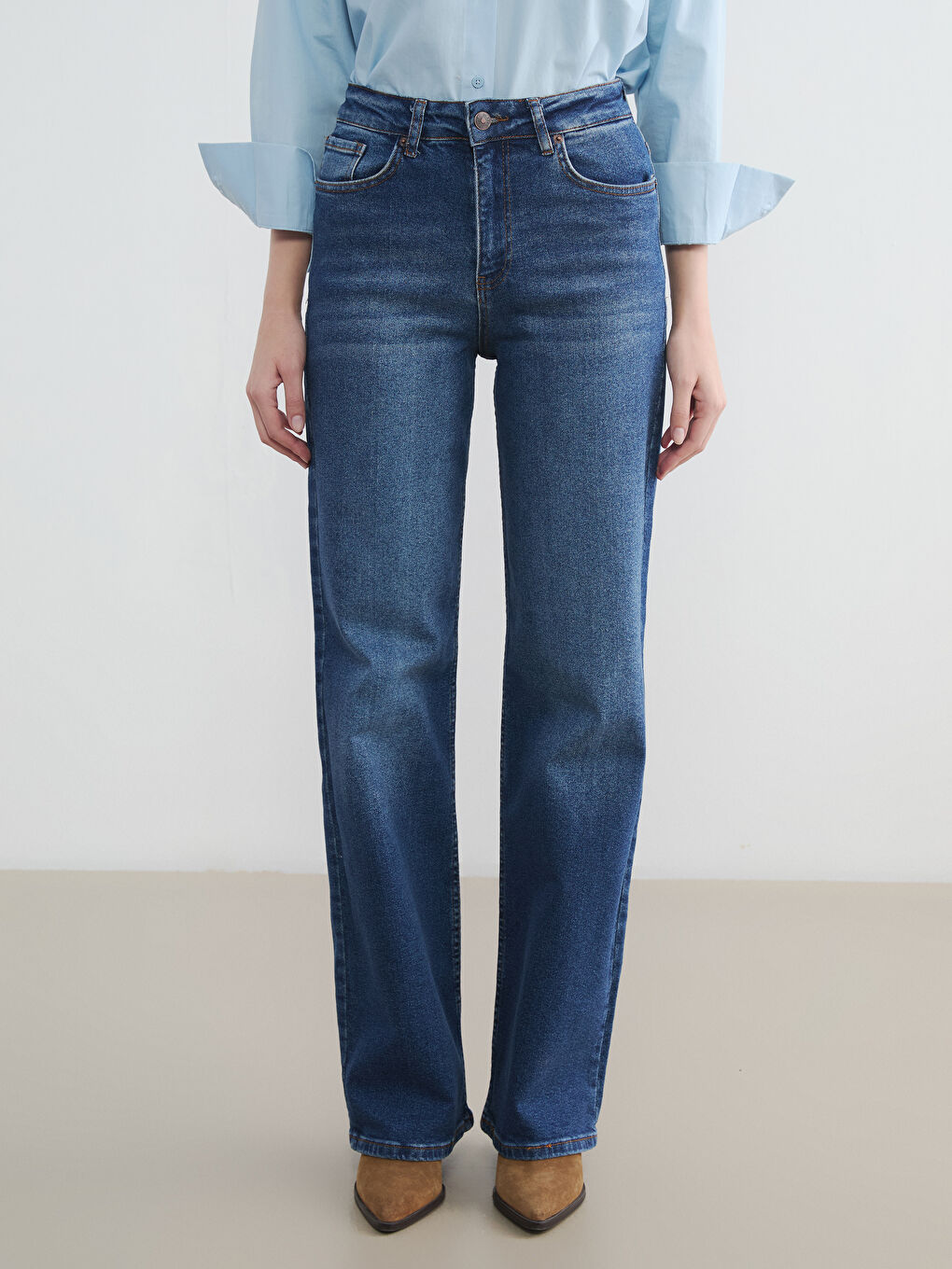 İndigo Yüksek Bel Wideleg Kadın Jean Pantolon-1