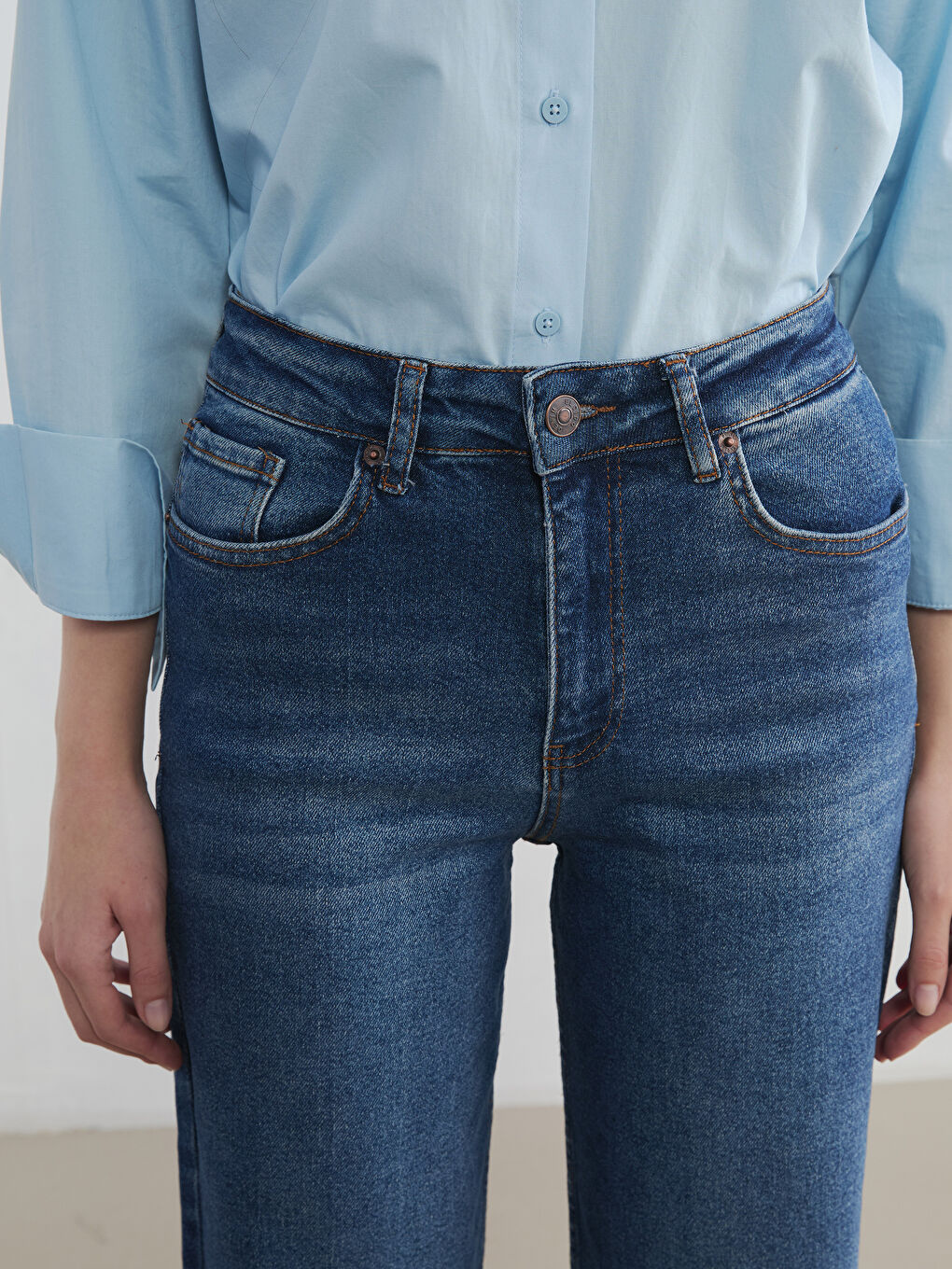 İndigo Yüksek Bel Wideleg Kadın Jean Pantolon-2