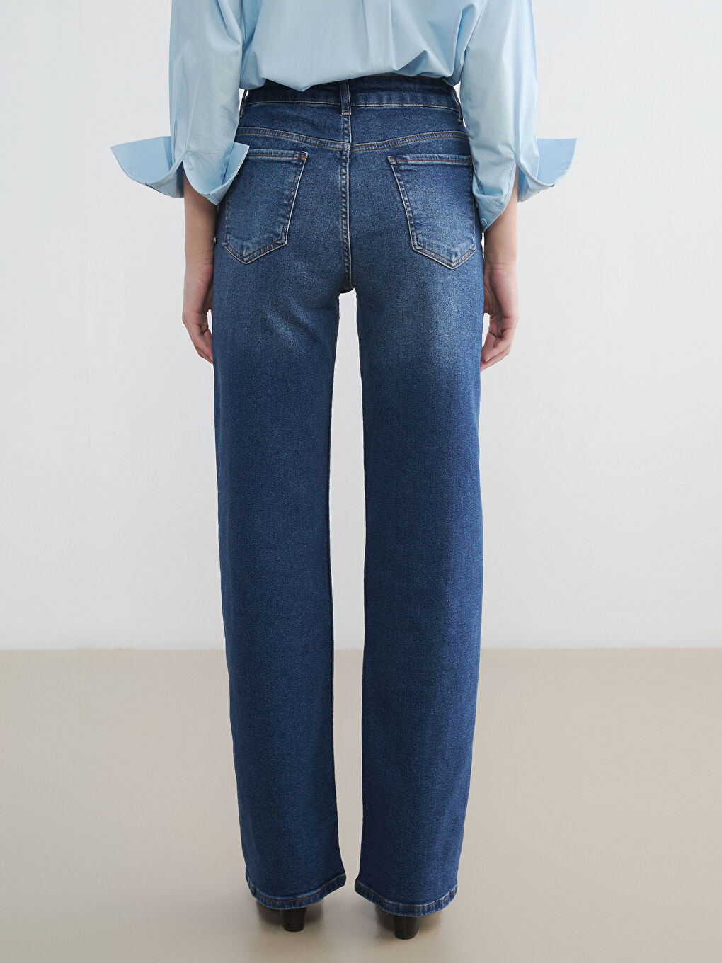 İndigo Yüksek Bel Wideleg Kadın Jean Pantolon-3