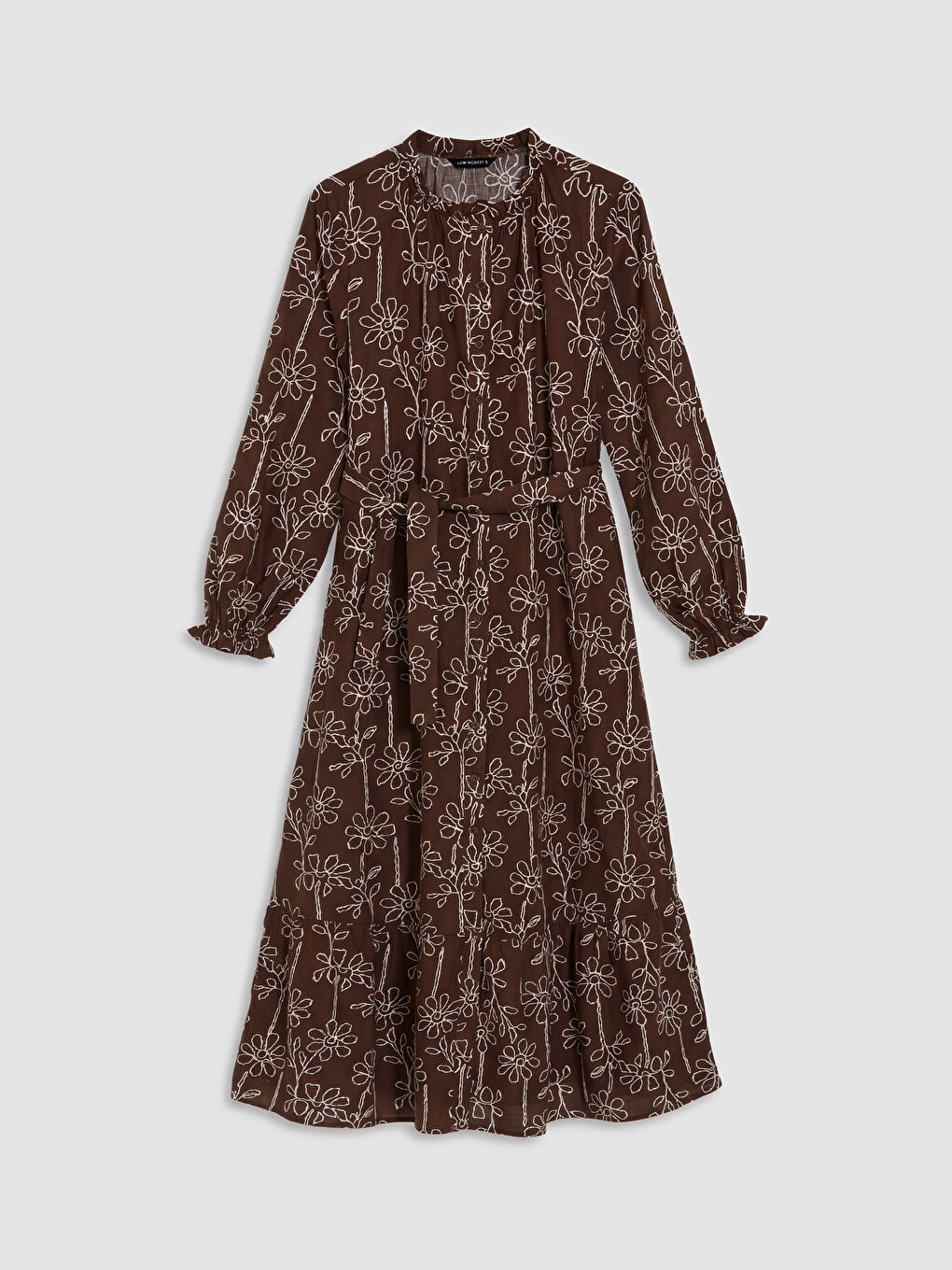Kahverengi Fırfırlı Dik Yaka Çiçekli Gömlek Elbise