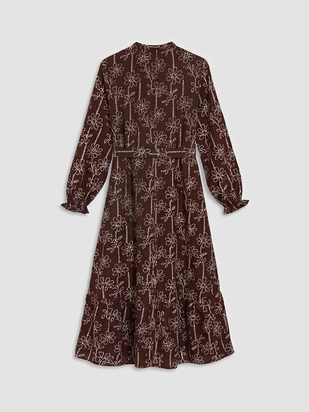Kahverengi Fırfırlı Dik Yaka Çiçekli Gömlek Elbise-1