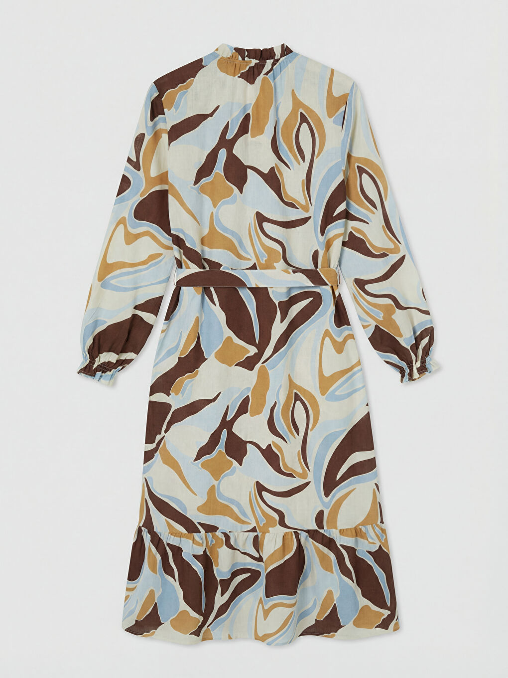 Karışık Fırfırlı Dik Yaka Desenli Gömlek Elbise-1