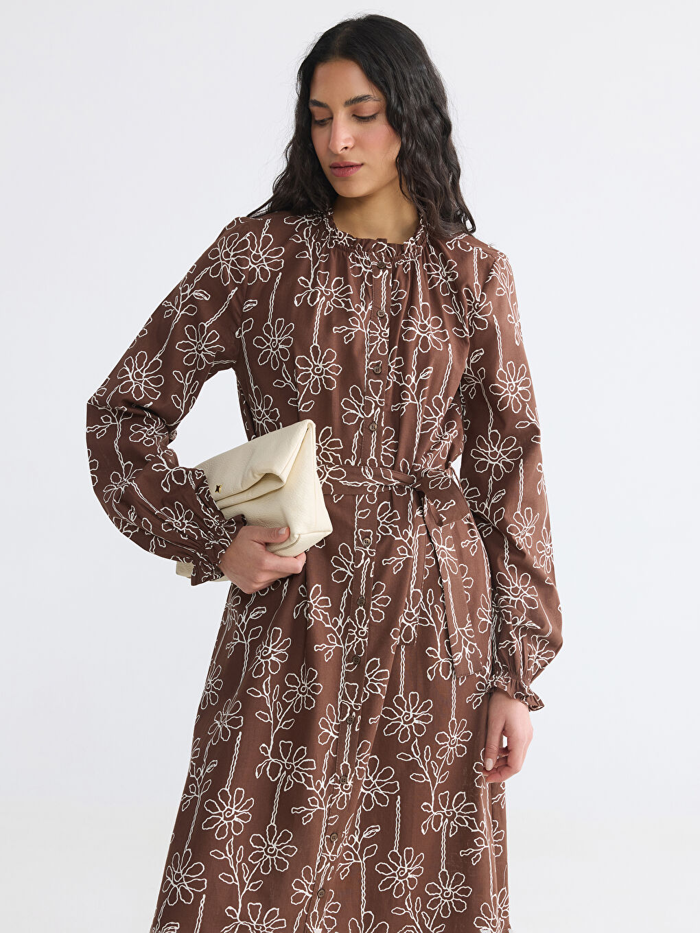 Ruffled Mock Neck Floral Shirt Dress-1