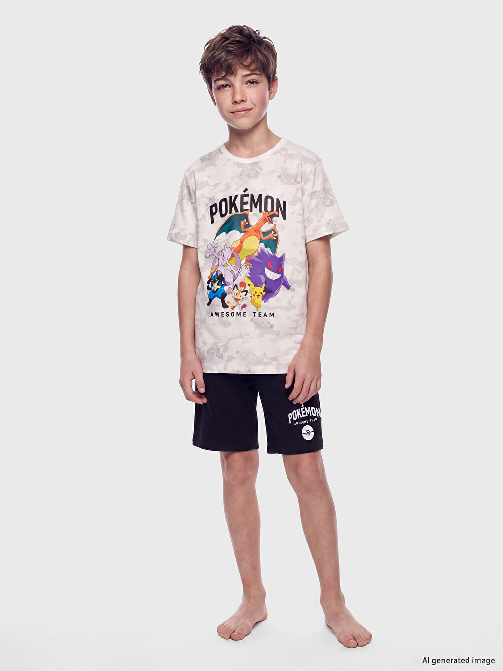 Ekru Pokemon Baskılı Erkek Çocuk Şortlu Pijama Takımı