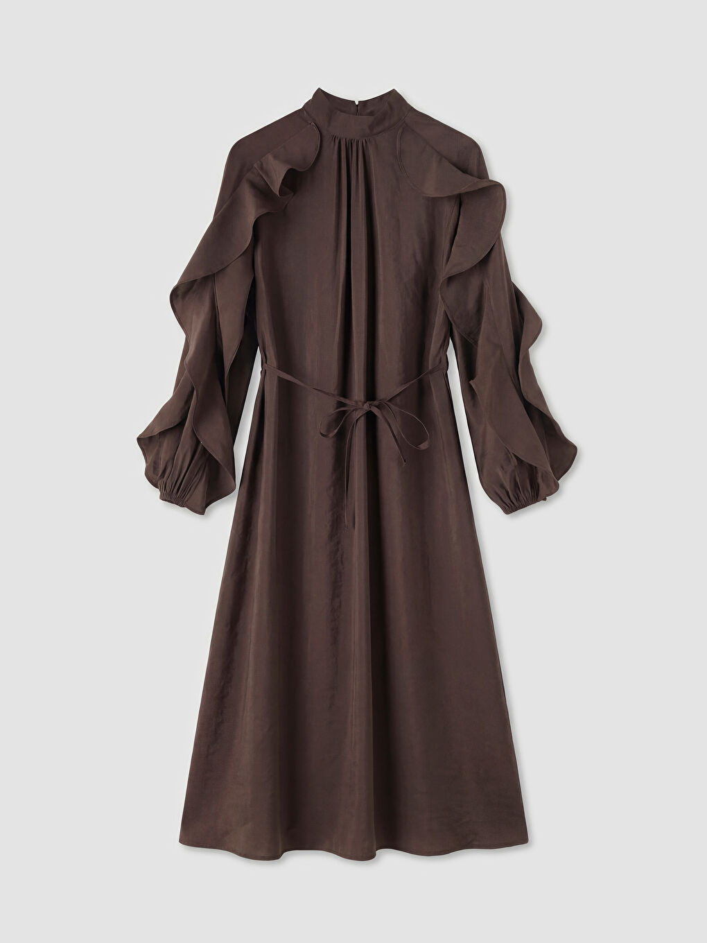 Kahverengi Dik Yaka Fırfırlı A Kesim Kadın Elbise