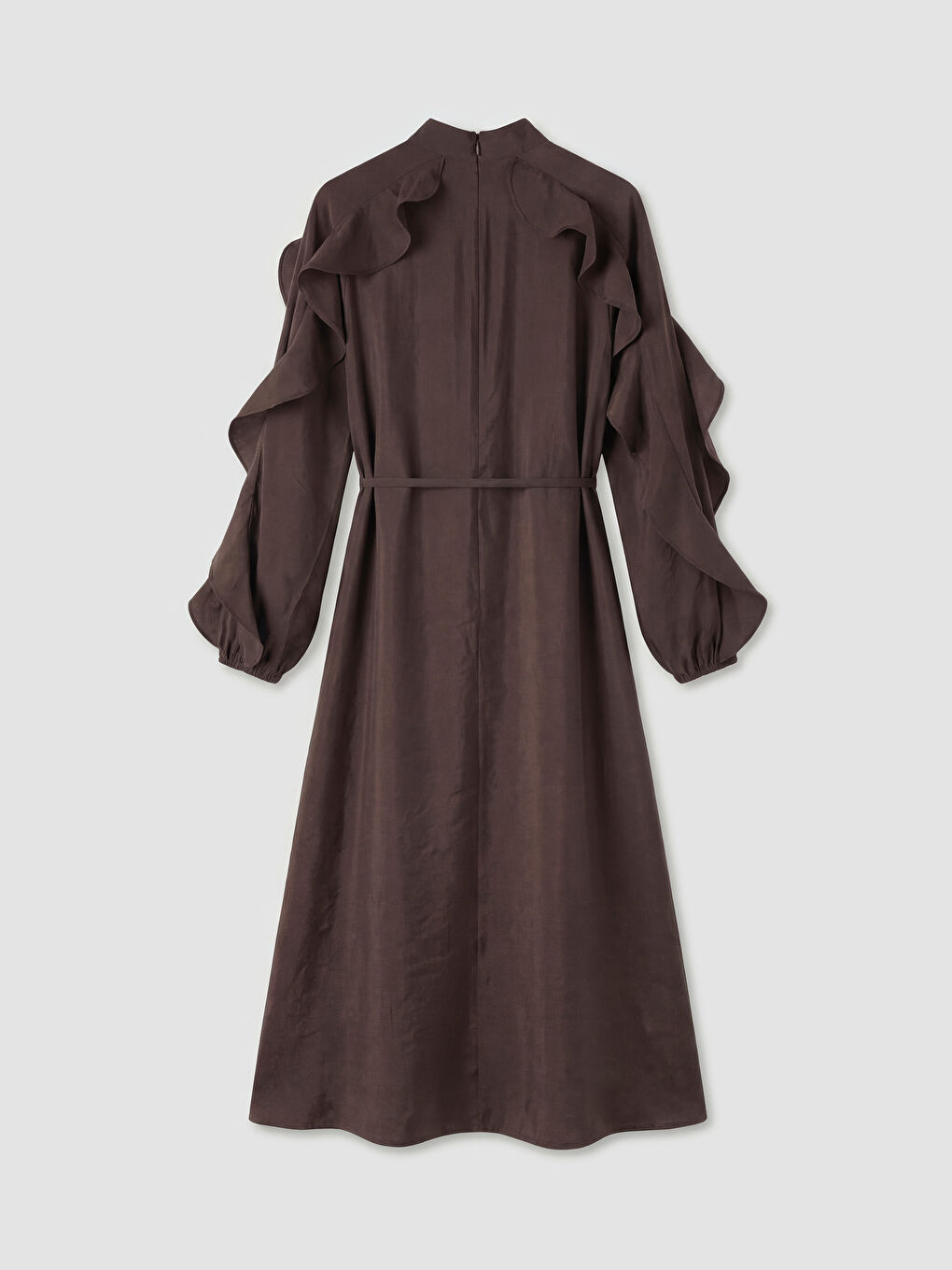 Kahverengi Dik Yaka Fırfırlı A Kesim Kadın Elbise-1