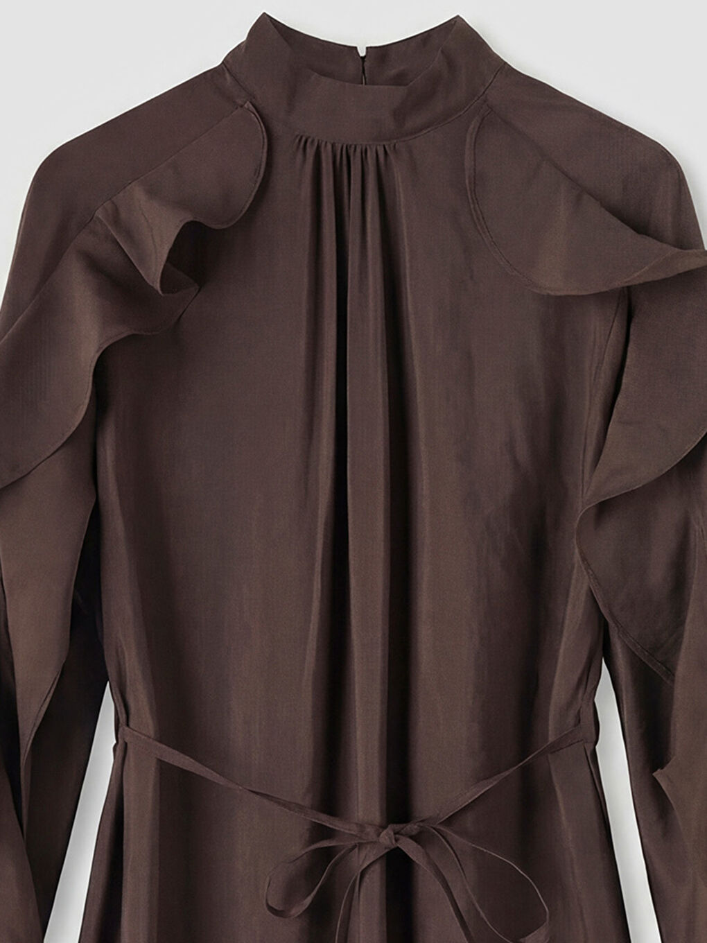 Kahverengi Dik Yaka Fırfırlı A Kesim Kadın Elbise-2