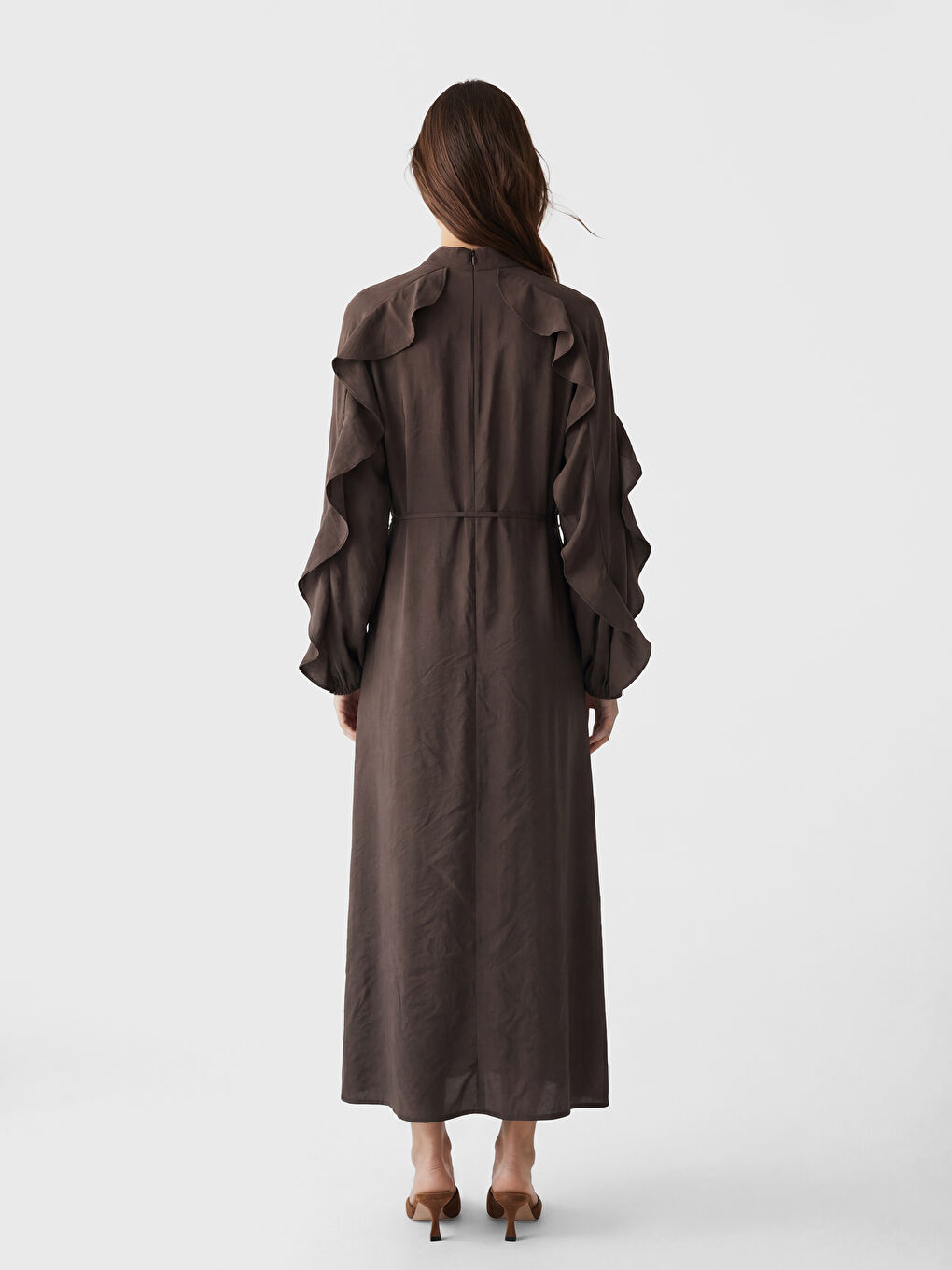 Kahverengi Dik Yaka Fırfırlı A Kesim Elbise-2