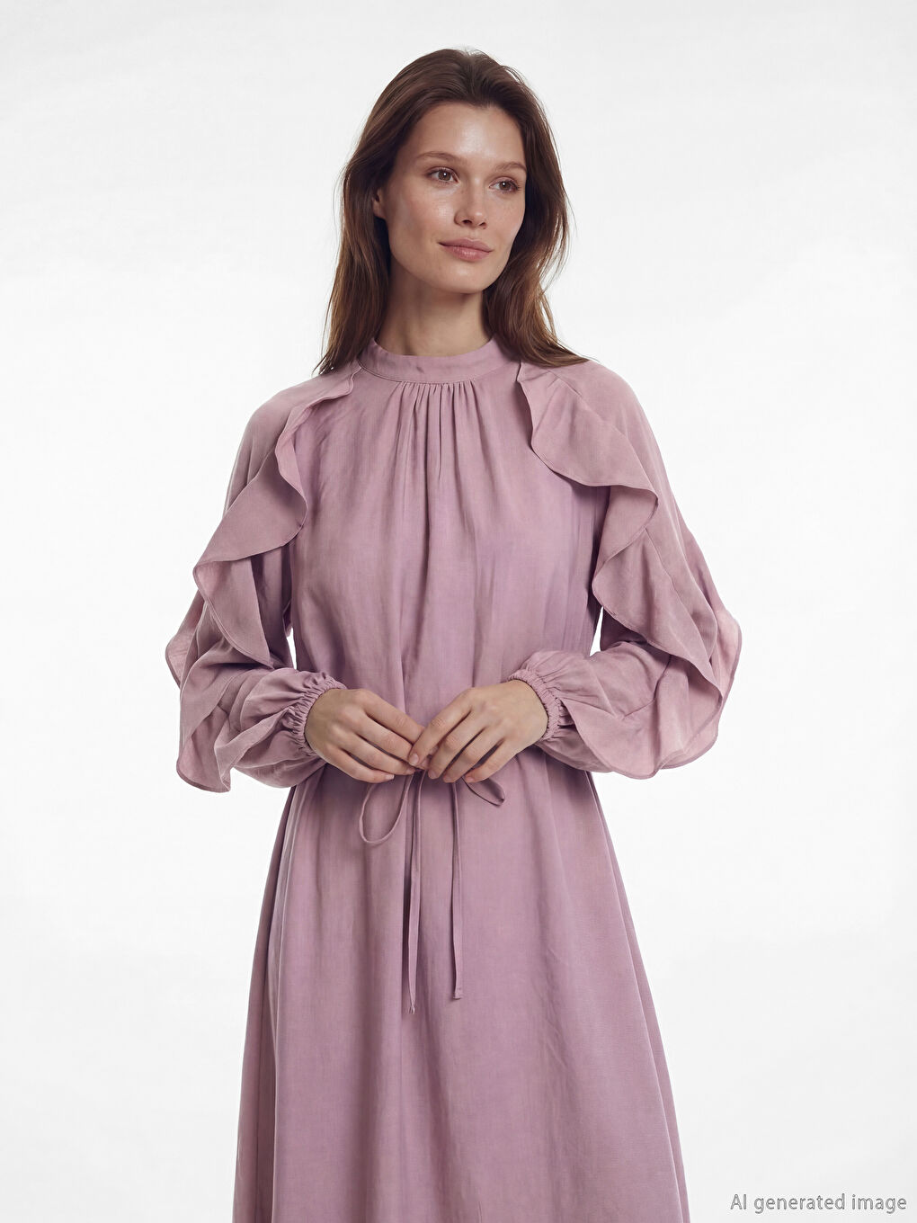 Lila Dik Yaka Fırfırlı A Kesim Elbise-1