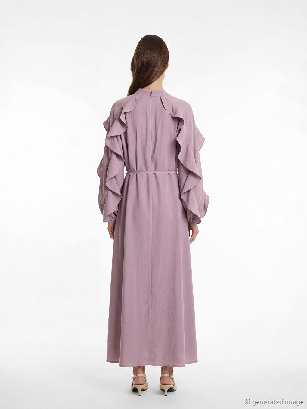 Lila Dik Yaka Fırfırlı A Kesim Elbise-3