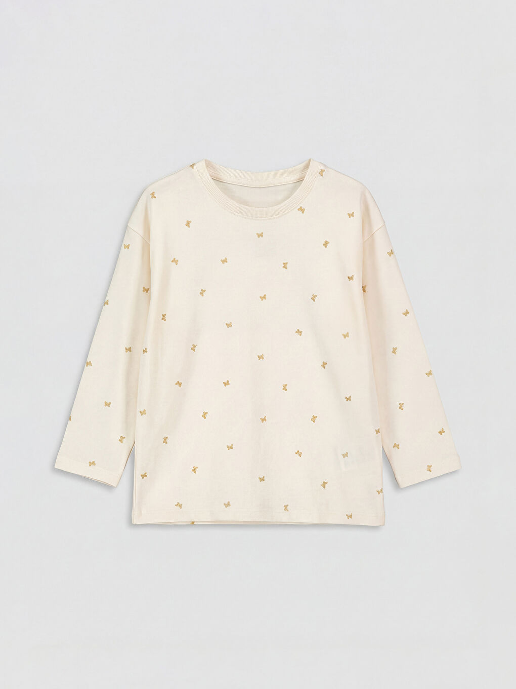 Ekru Uzun Kollu Desenli Kız Çocuk Tişört