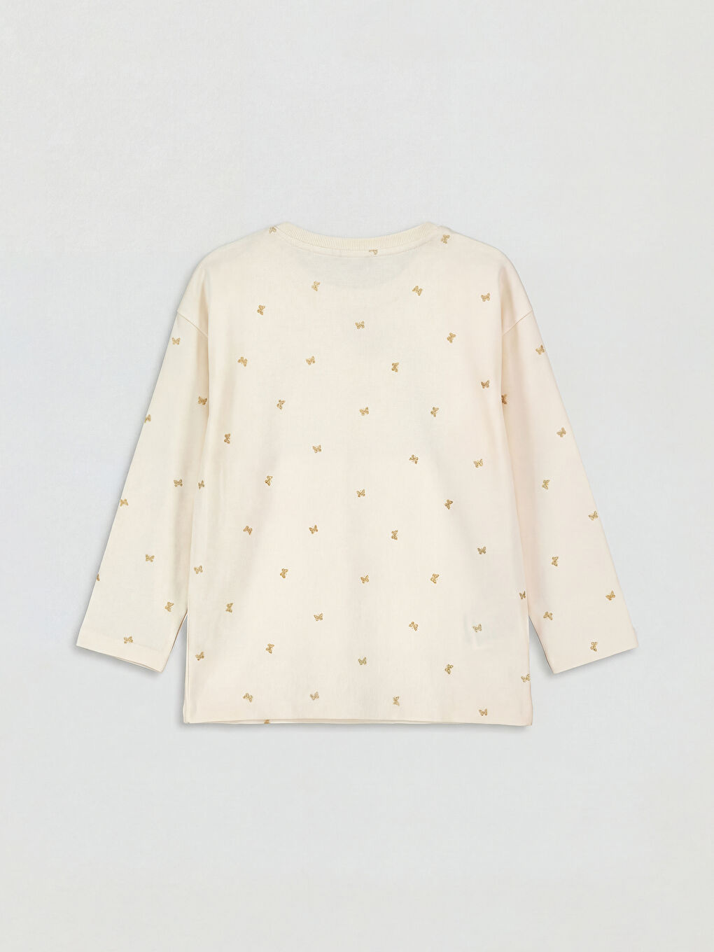 Ekru Uzun Kollu Desenli Kız Çocuk Tişört-1