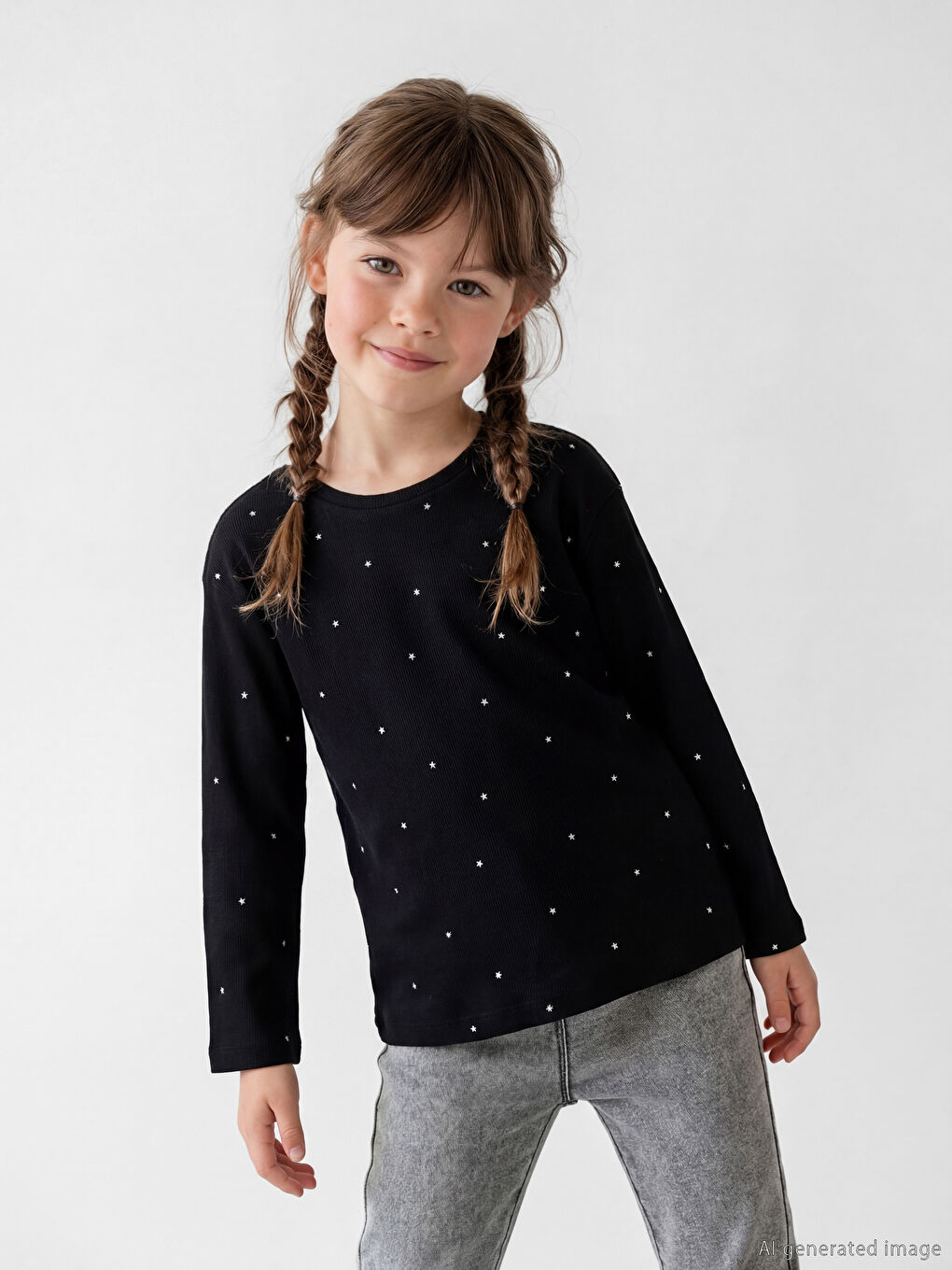 Star Patterned Girls' Long Sleeve T-Shirt-1