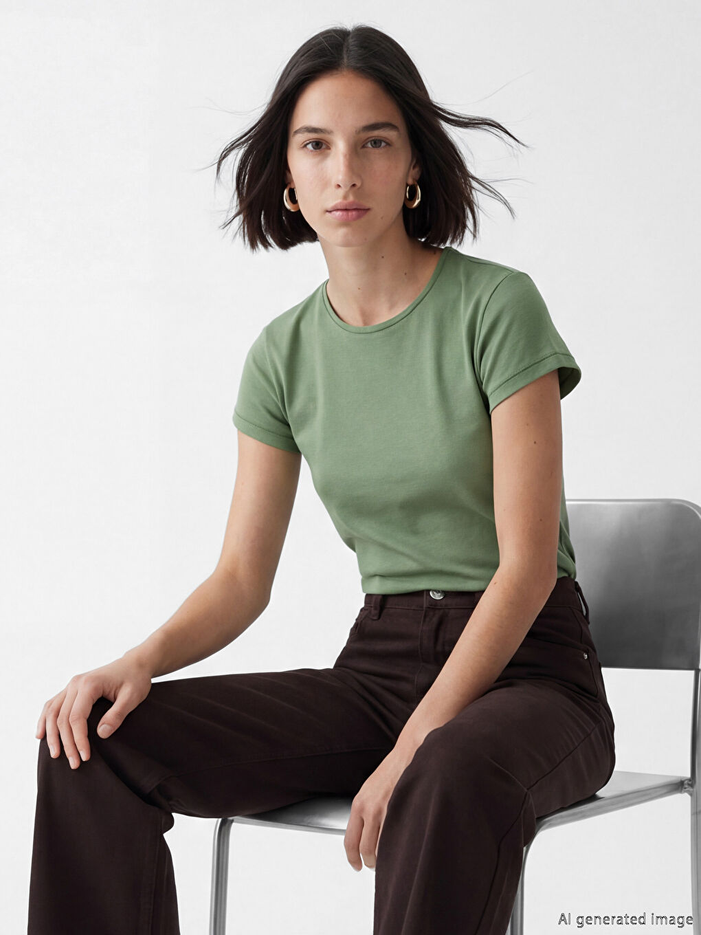 Haki Bisiklet Yaka Kadın Tişört