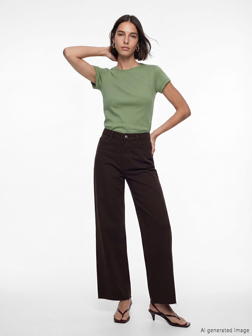 Haki Bisiklet Yaka Kadın Tişört-1