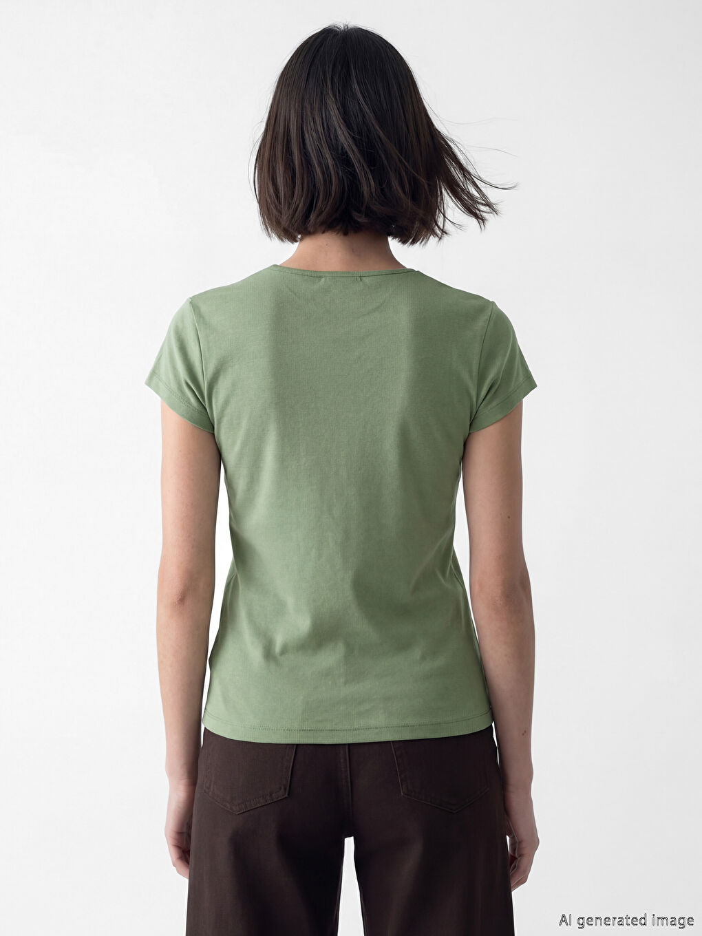 Haki Bisiklet Yaka Kadın Tişört-2