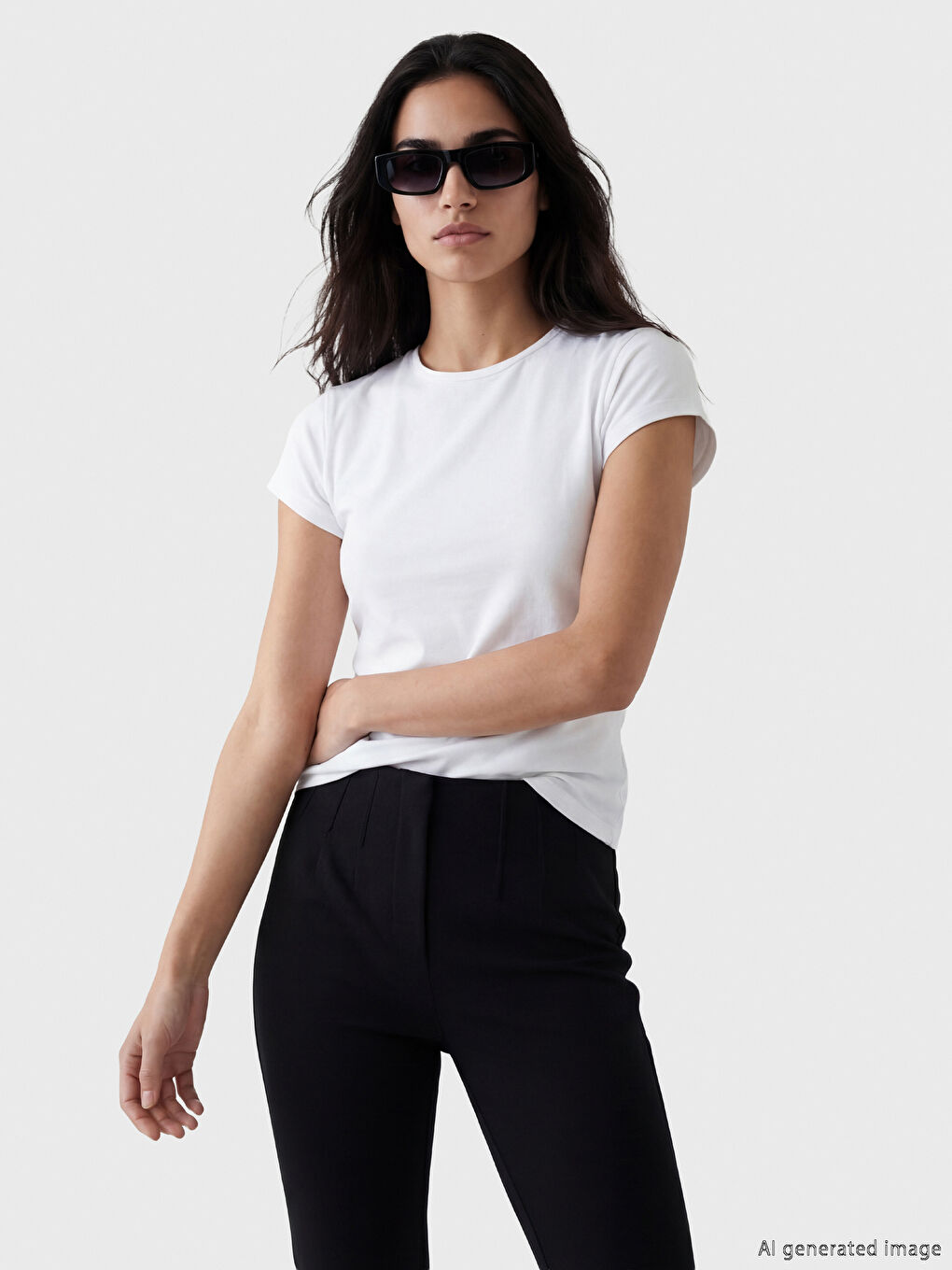 Beyaz Bisiklet Yaka Kadın Tişört